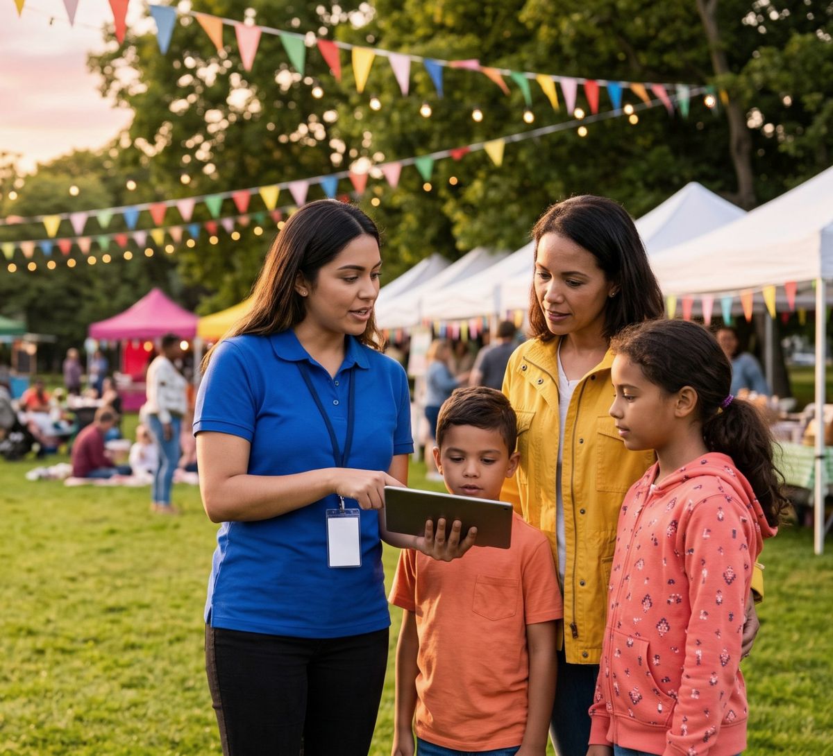 An Impact fundraiser talking with a family at a community event